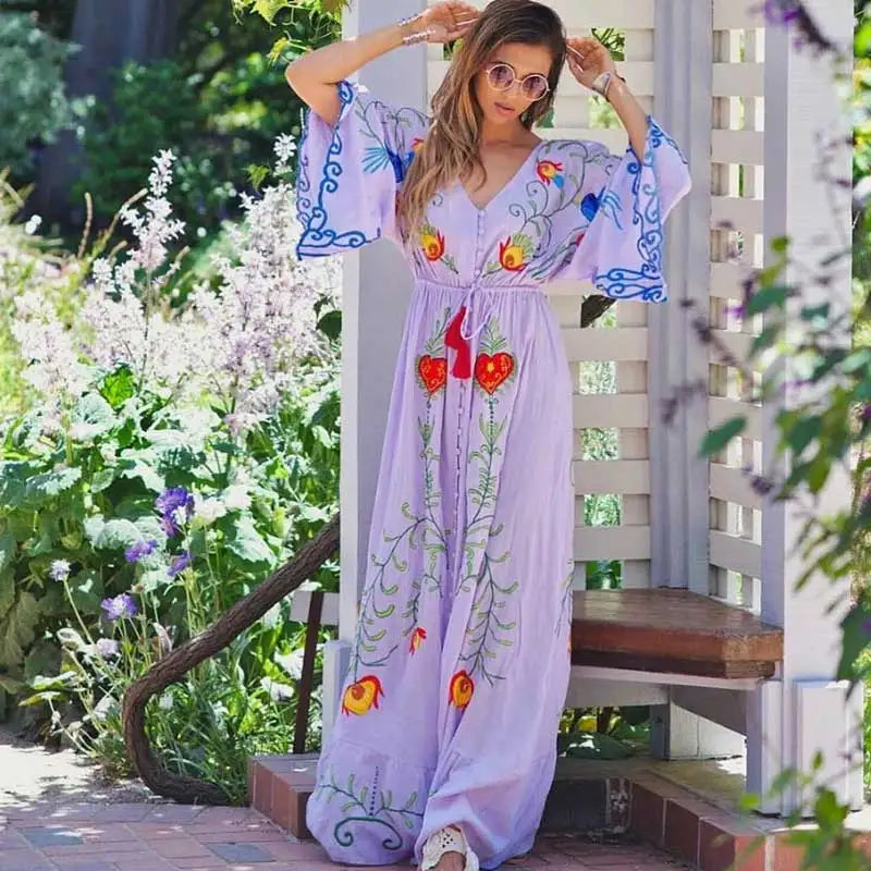 Kaftans - Jastie Embroidered Women Maxi Dress V-Neck Batwing Sleeve Loose Oversize Summer Dresses Drawstring Waist Boho Beach Vestidos