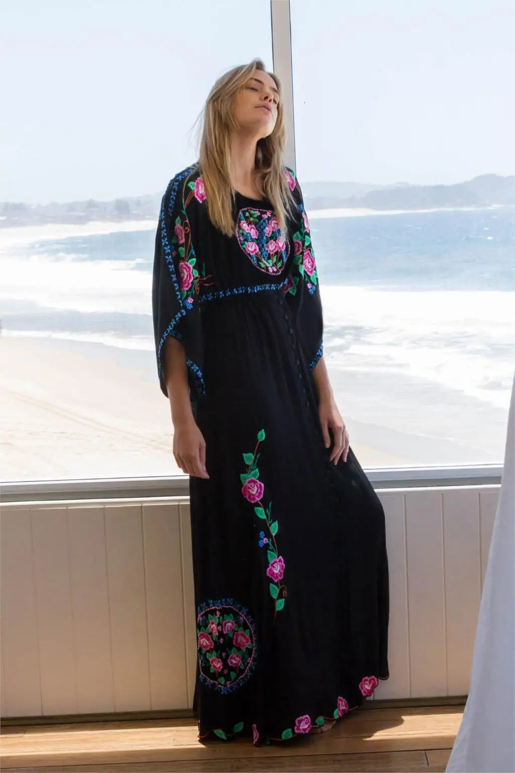 Kaftans - Jastie Embroidered Women Maxi Dress V-Neck Batwing Sleeve Loose Oversize Summer Dresses Drawstring Waist Boho Beach Vestidos