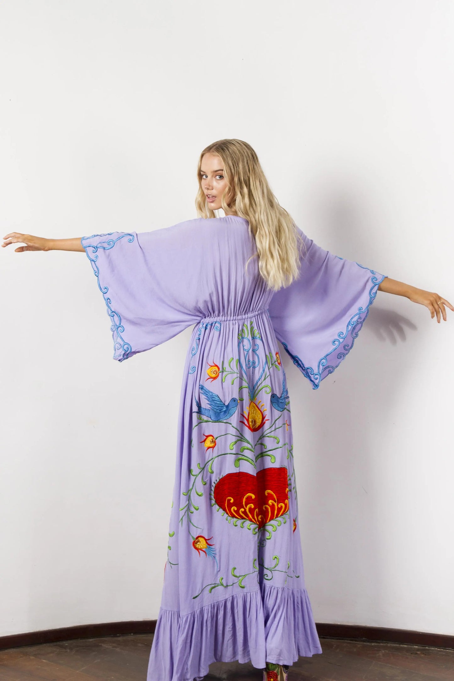 Kaftans - Jastie Embroidered Women Maxi Dress V-Neck Batwing Sleeve Loose Oversize Summer Dresses Drawstring Waist Boho Beach Vestidos