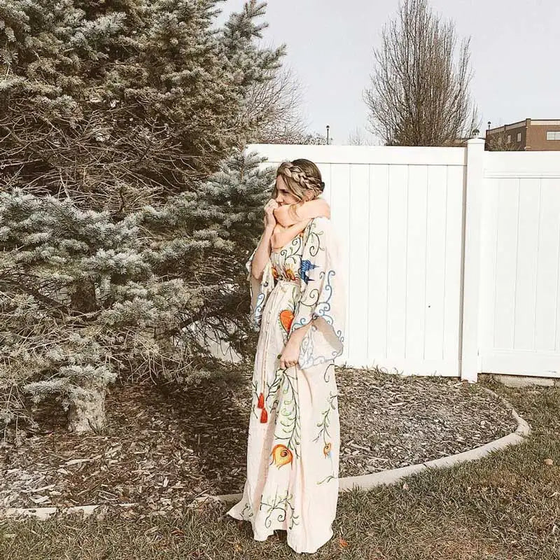 Kaftans - Jastie Embroidered Women Maxi Dress V-Neck Batwing Sleeve Loose Oversize Summer Dresses Drawstring Waist Boho Beach Vestidos