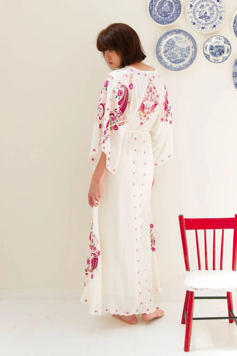 Kaftans - Jastie Embroidered Women Maxi Dress V-Neck Batwing Sleeve Loose Oversize Summer Dresses Drawstring Waist Boho Beach Vestidos