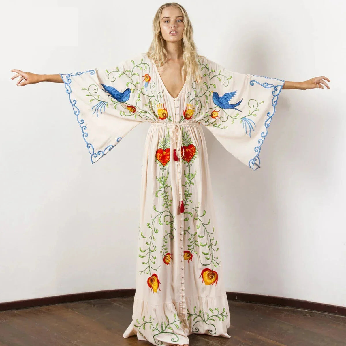 Kaftans - Jastie Embroidered Women Maxi Dress V-Neck Batwing Sleeve Loose Oversize Summer Dresses Drawstring Waist Boho Beach Vestidos