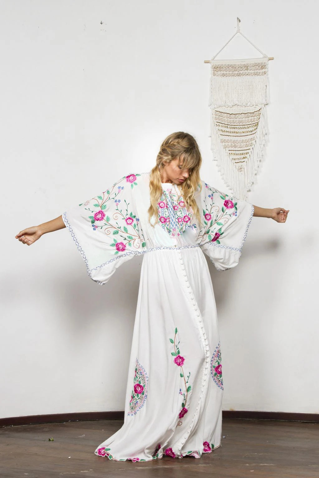 Kaftans - Jastie Embroidered Women Maxi Dress V-Neck Batwing Sleeve Loose Oversize Summer Dresses Drawstring Waist Boho Beach Vestidos