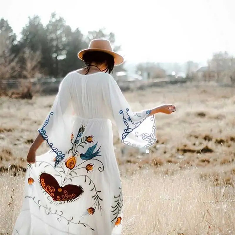 Kaftans - Jastie Embroidered Women Maxi Dress V-Neck Batwing Sleeve Loose Oversize Summer Dresses Drawstring Waist Boho Beach Vestidos