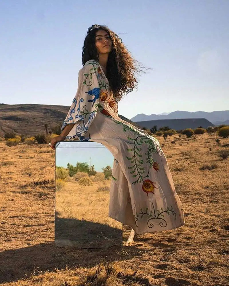 Kaftans - Jastie Embroidered Women Maxi Dress V-Neck Batwing Sleeve Loose Oversize Summer Dresses Drawstring Waist Boho Beach Vestidos