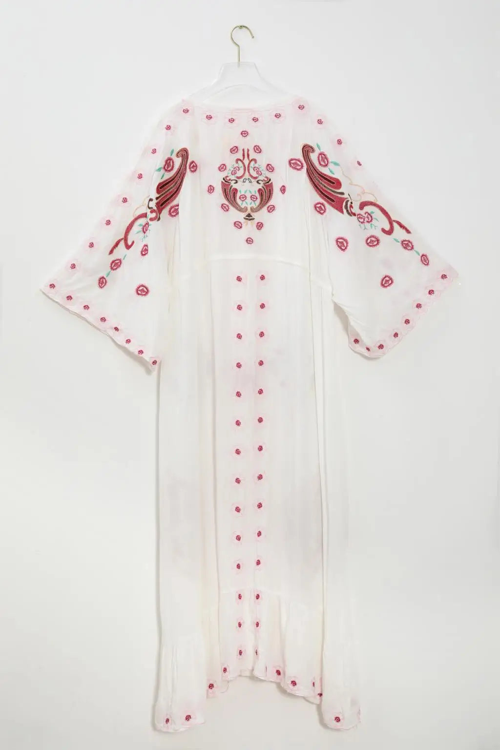 Kaftans - Jastie Embroidered Women Maxi Dress V-Neck Batwing Sleeve Loose Oversize Summer Dresses Drawstring Waist Boho Beach Vestidos