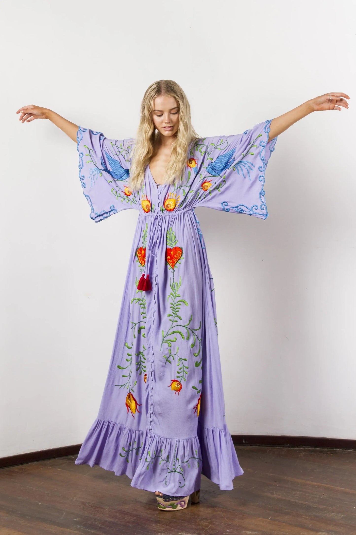 Kaftans - Jastie Embroidered Women Maxi Dress V-Neck Batwing Sleeve Loose Oversize Summer Dresses Drawstring Waist Boho Beach Vestidos