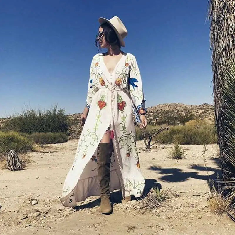 Kaftans - Jastie Embroidered Women Maxi Dress V-Neck Batwing Sleeve Loose Oversize Summer Dresses Drawstring Waist Boho Beach Vestidos