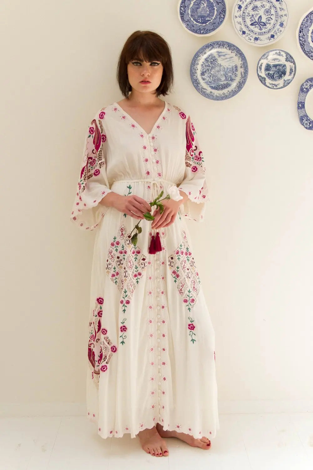 Kaftans - Jastie Embroidered Women Maxi Dress V-Neck Batwing Sleeve Loose Oversize Summer Dresses Drawstring Waist Boho Beach Vestidos