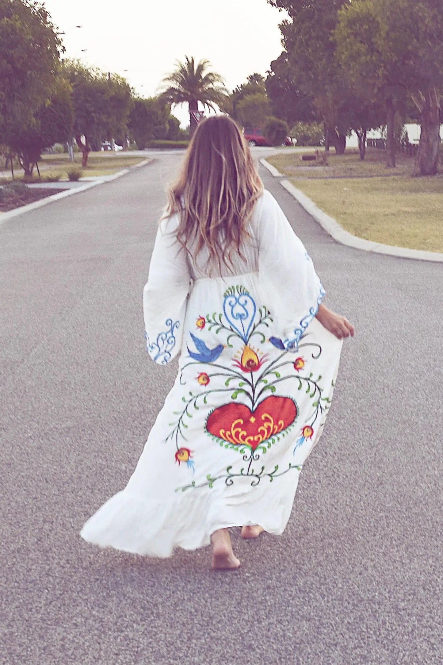 Kaftans - Jastie Embroidered Women Maxi Dress V-Neck Batwing Sleeve Loose Oversize Summer Dresses Drawstring Waist Boho Beach Vestidos