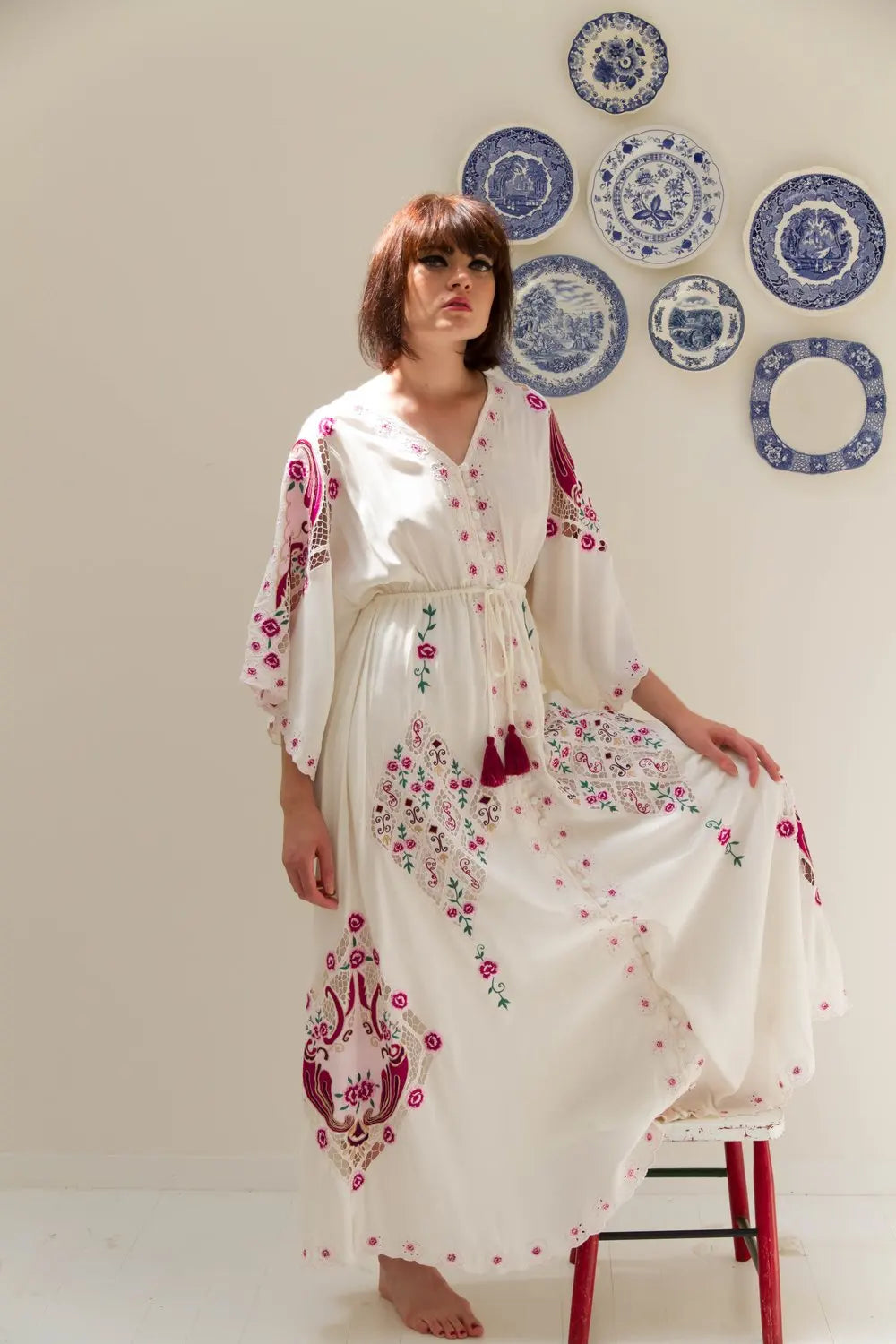 Kaftans - Jastie Embroidered Women Maxi Dress V-Neck Batwing Sleeve Loose Oversize Summer Dresses Drawstring Waist Boho Beach Vestidos