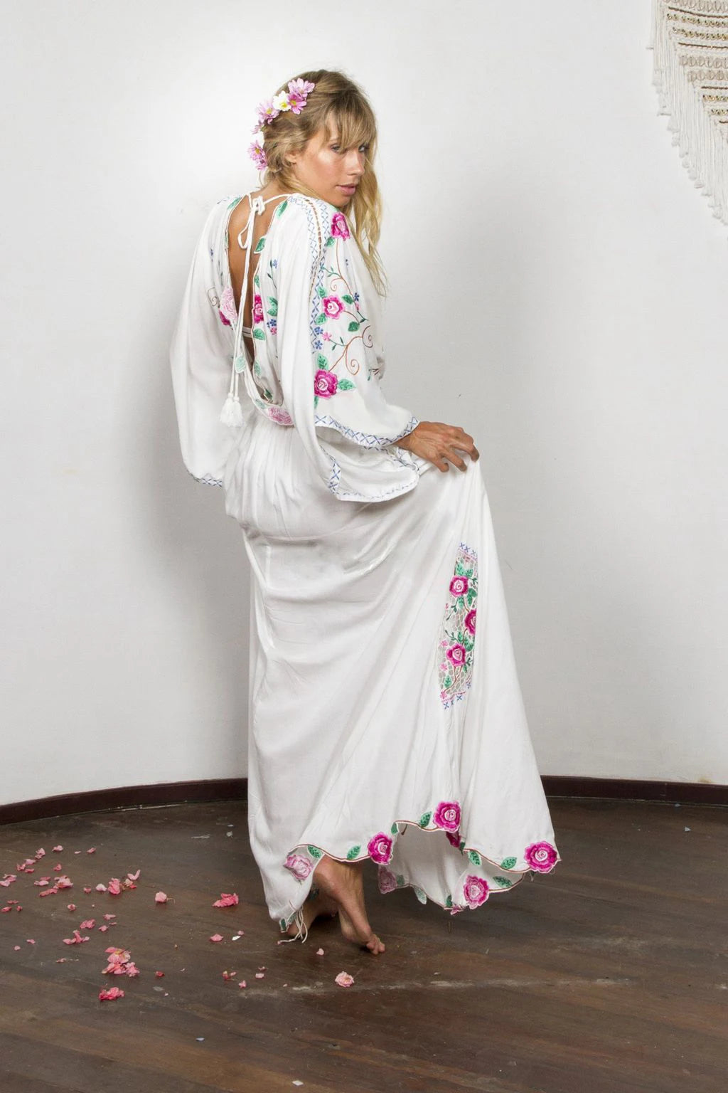 Kaftans - Jastie Embroidered Women Maxi Dress V-Neck Batwing Sleeve Loose Oversize Summer Dresses Drawstring Waist Boho Beach Vestidos