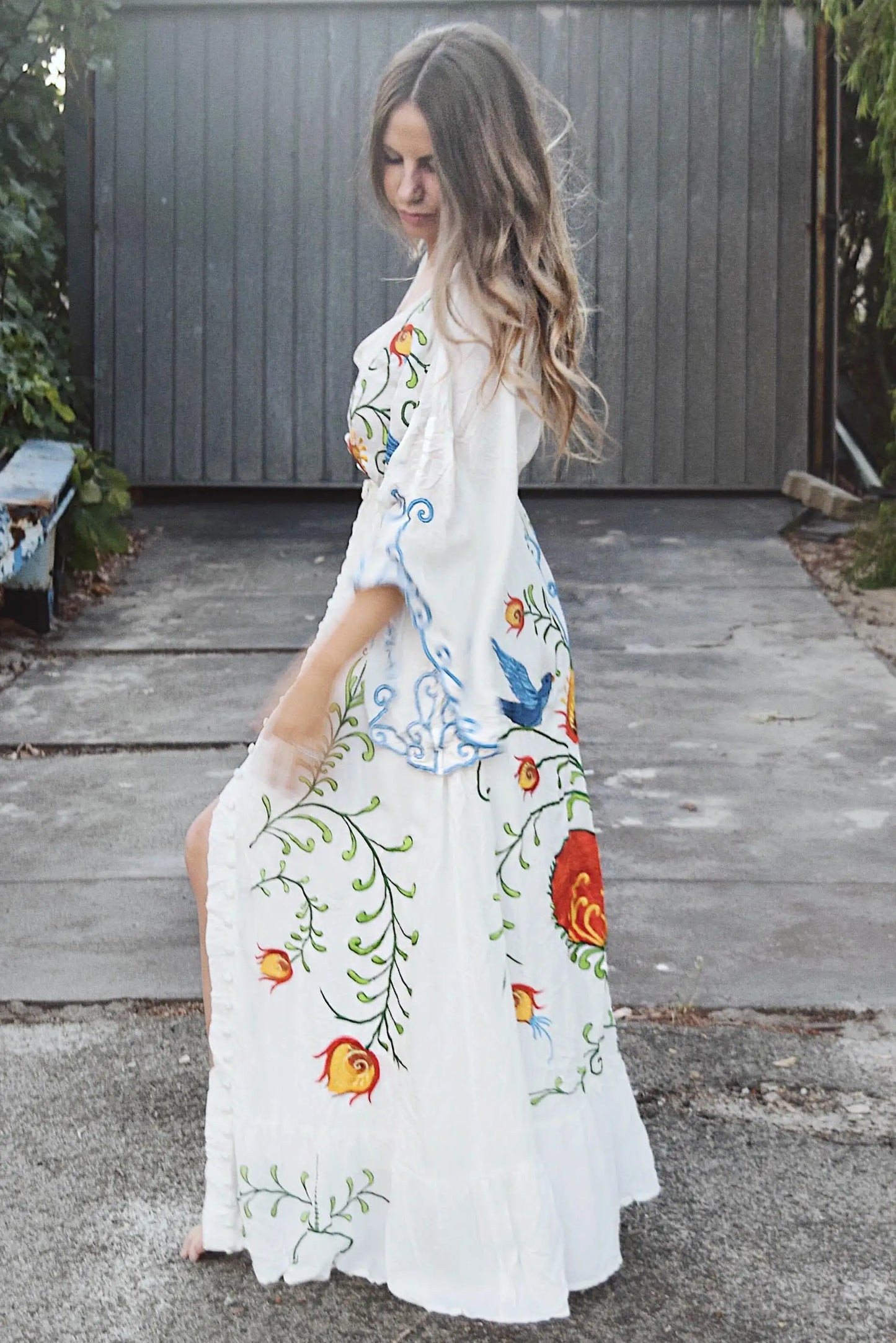 Kaftans - Jastie Embroidered Women Maxi Dress V-Neck Batwing Sleeve Loose Oversize Summer Dresses Drawstring Waist Boho Beach Vestidos