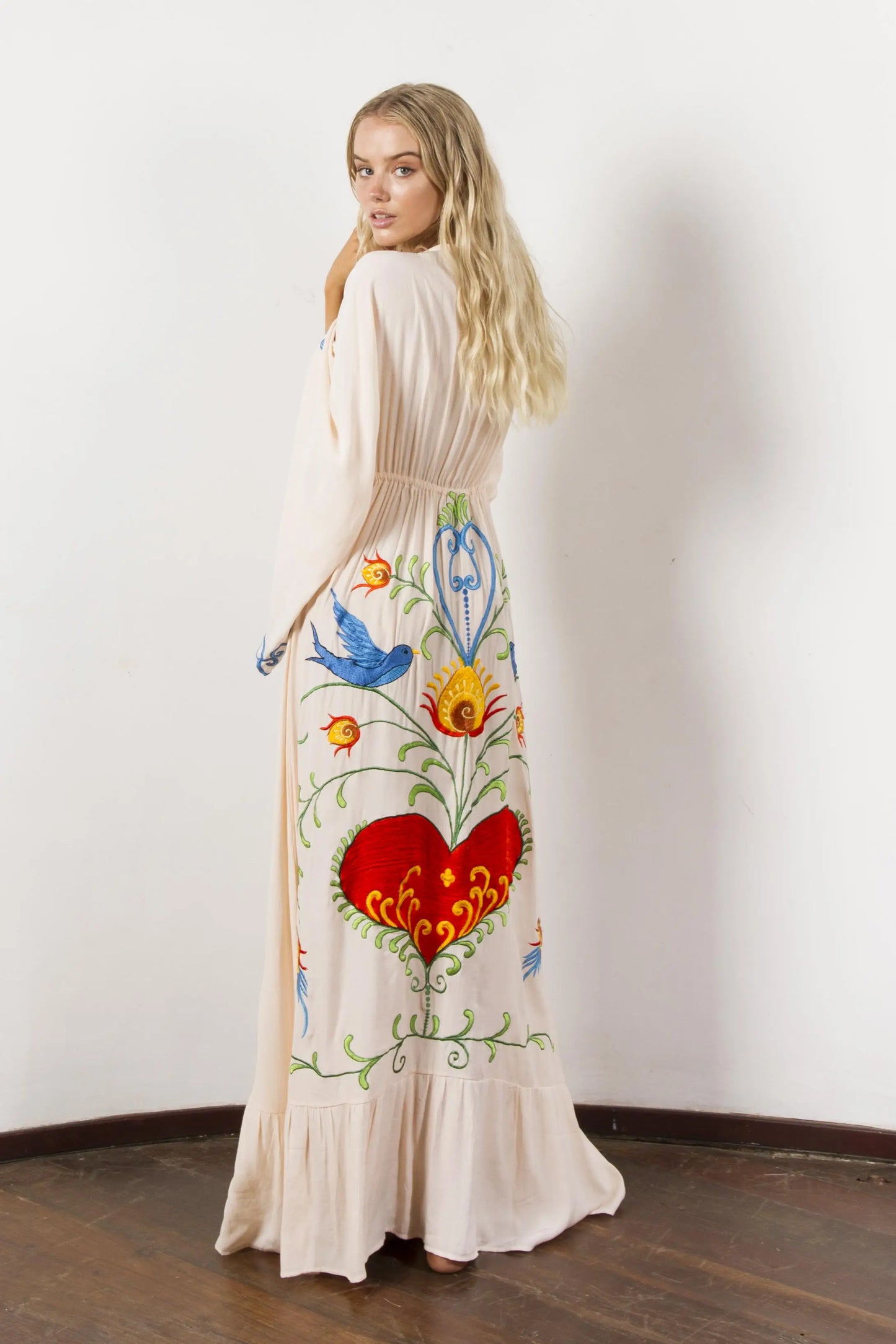 Kaftans - Jastie Embroidered Women Maxi Dress V-Neck Batwing Sleeve Loose Oversize Summer Dresses Drawstring Waist Boho Beach Vestidos