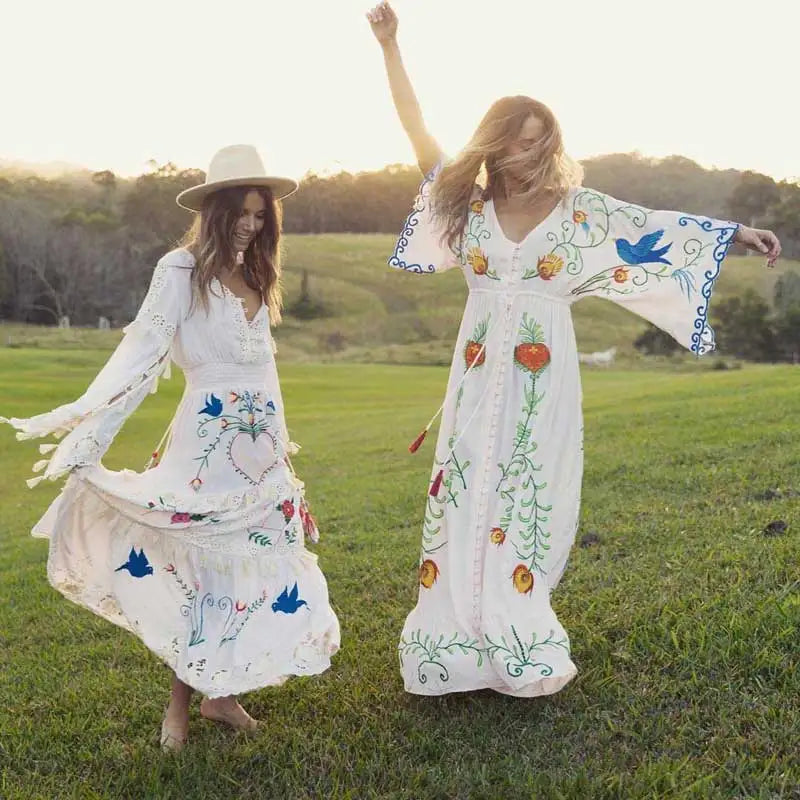 Kaftans - Jastie Embroidered Women Maxi Dress V-Neck Batwing Sleeve Loose Oversize Summer Dresses Drawstring Waist Boho Beach Vestidos