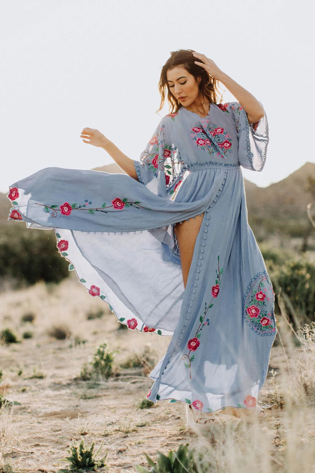 Kaftans - Jastie Embroidered Women Maxi Dress V-Neck Batwing Sleeve Loose Oversize Summer Dresses Drawstring Waist Boho Beach Vestidos