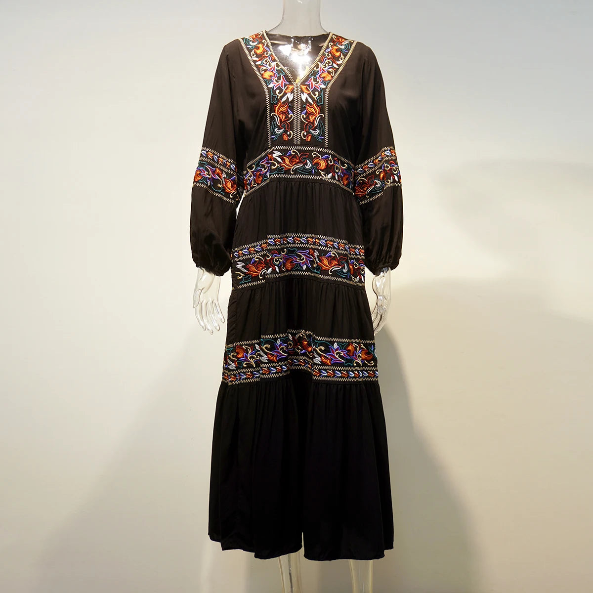 Kaftans - Jastie Embroidered Women Maxi Dress V-Neck Batwing Sleeve Loose Oversize Summer Dresses Drawstring Waist Boho Beach Vestidos