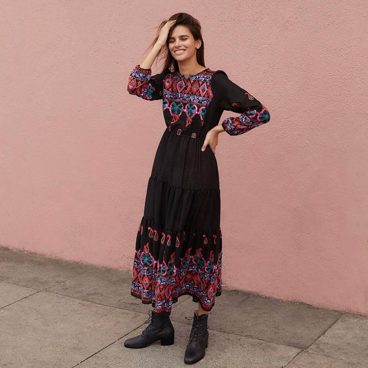 Kaftans - Jastie Embroidered Women Maxi Dress V-Neck Batwing Sleeve Loose Oversize Summer Dresses Drawstring Waist Boho Beach Vestidos