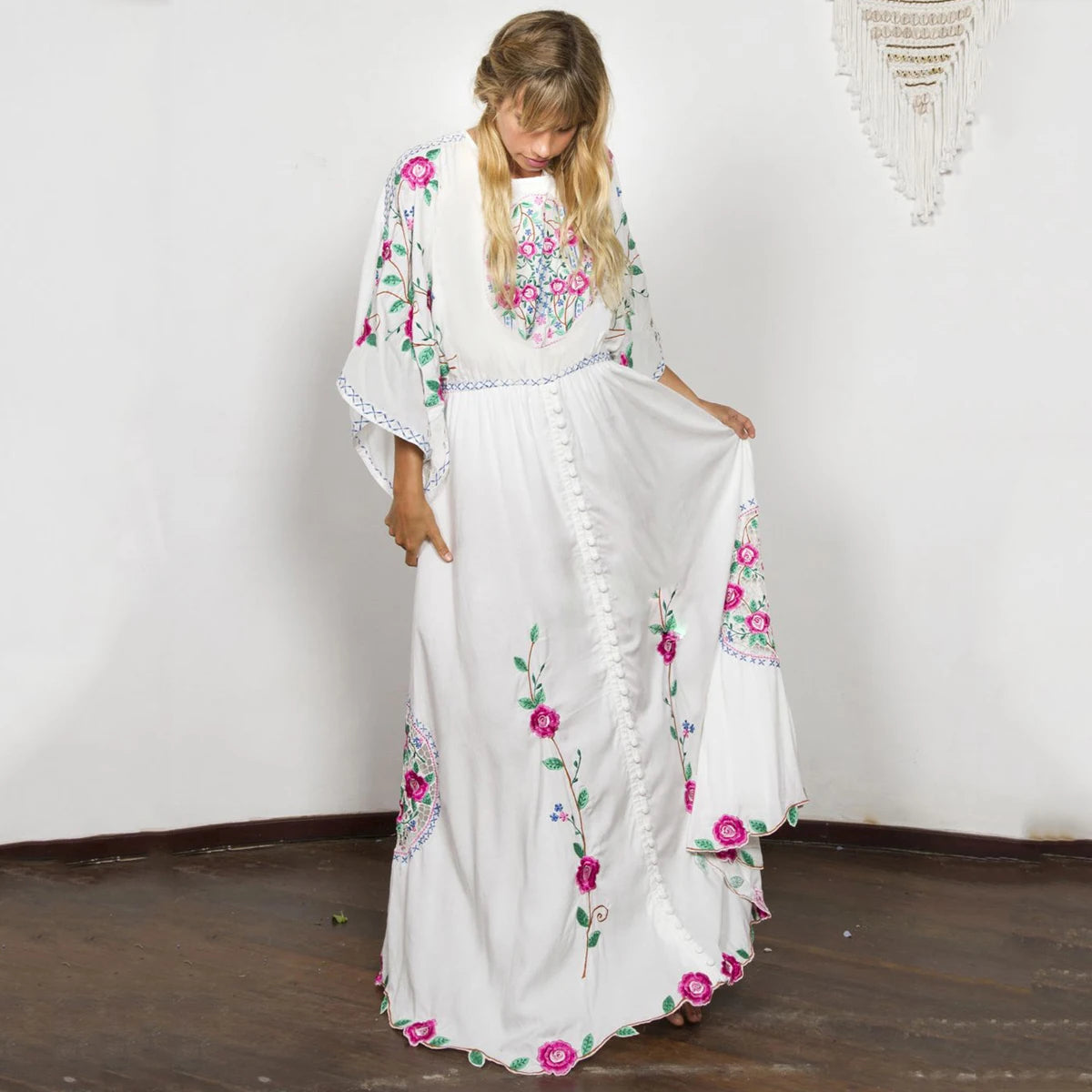 Kaftans - Jastie Embroidered Women Maxi Dress V-Neck Batwing Sleeve Loose Oversize Summer Dresses Drawstring Waist Boho Beach Vestidos