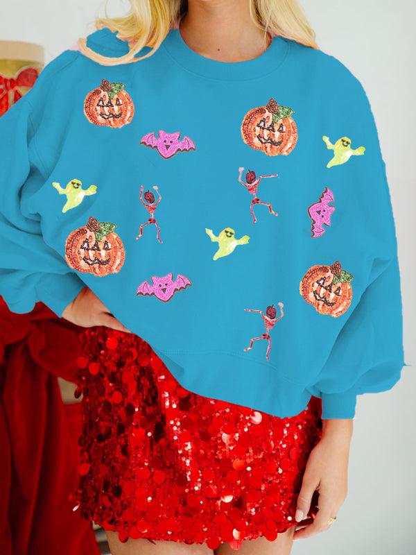 Halloween Sweatshirt - Halloween Multicolor Sequins Long Sleeve Sweatshirt Round Neck Top