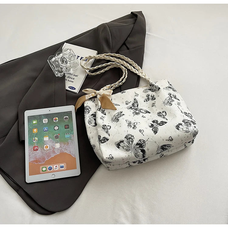 HandBags - Romantic Floral Handbag with Braided Straps - Butterfly Purse