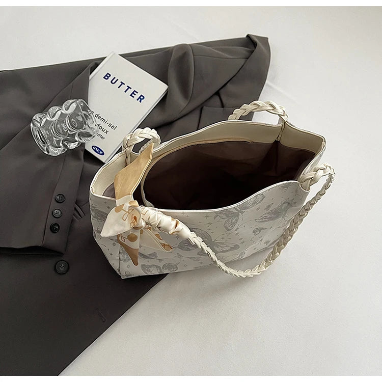 HandBags - Romantic Floral Handbag with Braided Straps - Butterfly Purse