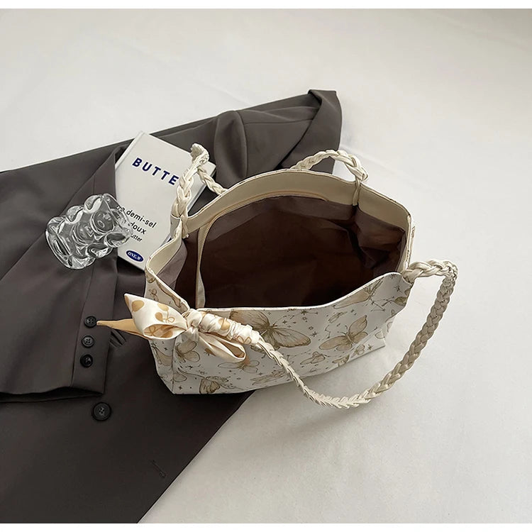 HandBags - Romantic Floral Handbag with Braided Straps - Butterfly Purse