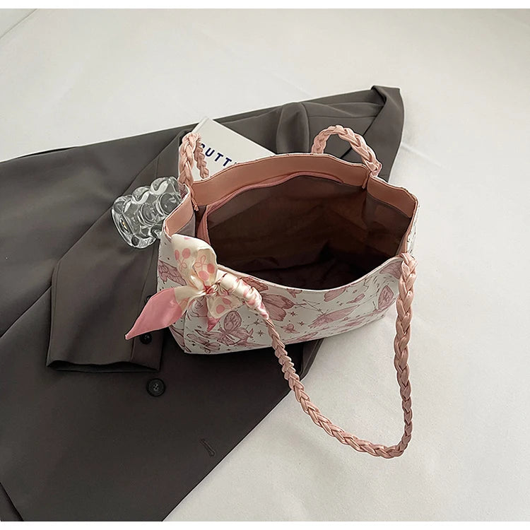 HandBags - Romantic Floral Handbag with Braided Straps - Butterfly Purse