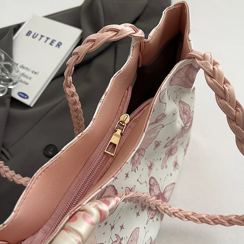 HandBags - Romantic Floral Handbag with Braided Straps - Butterfly Purse