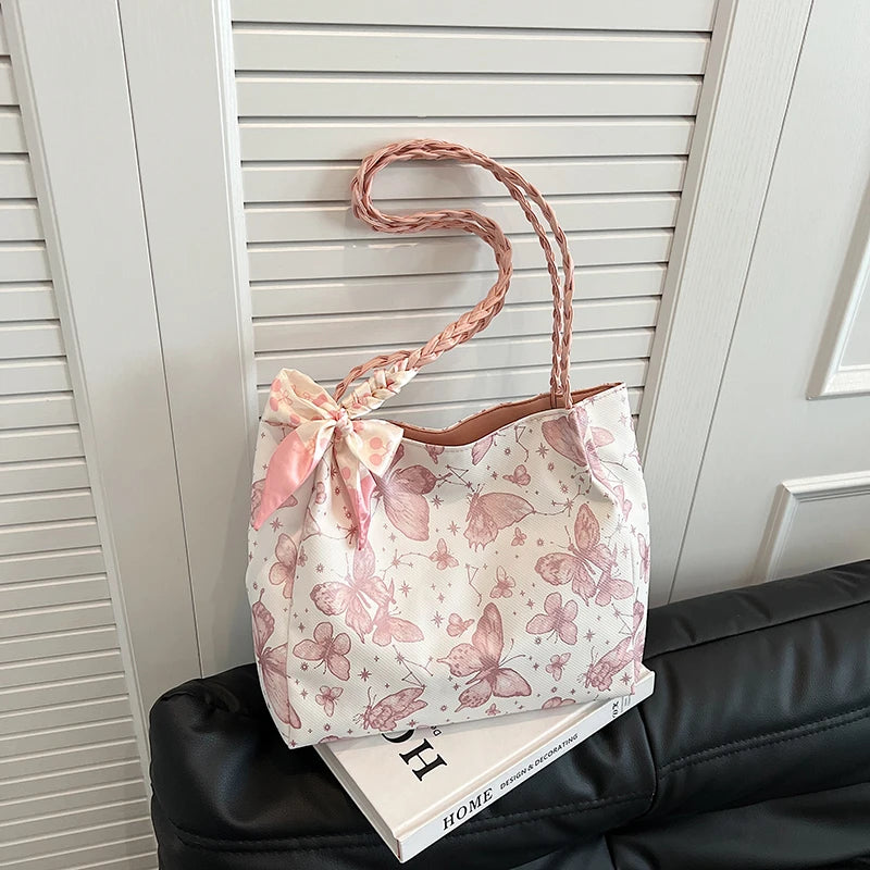 HandBags - Romantic Floral Handbag with Braided Straps - Butterfly Purse