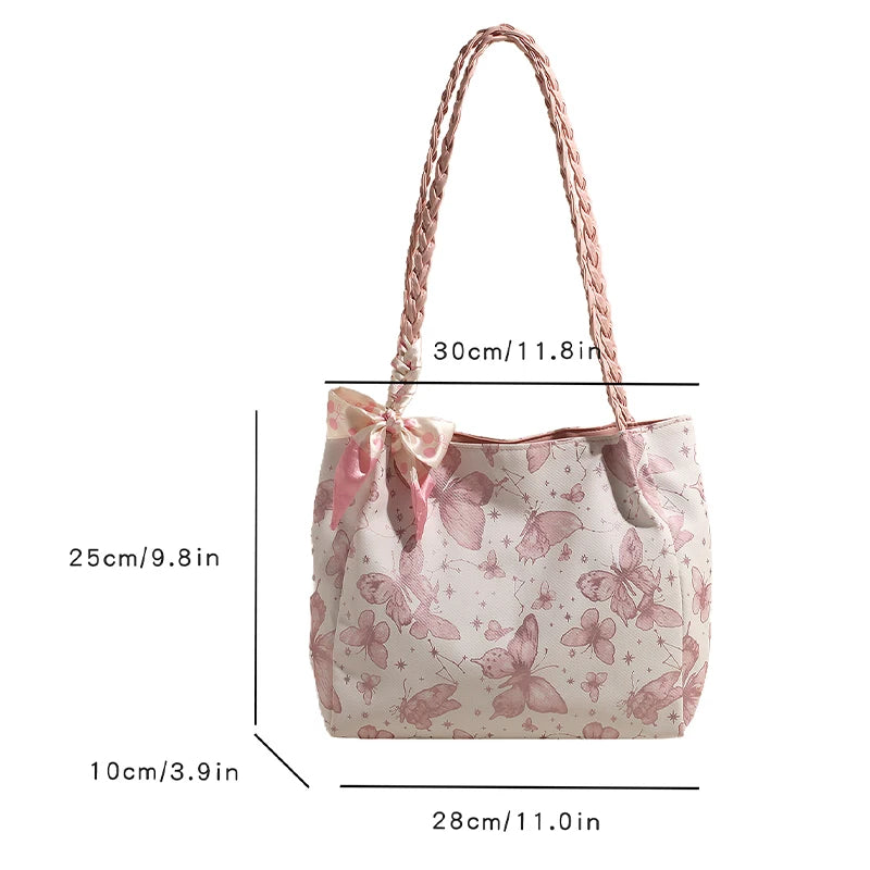 HandBags - Romantic Floral Handbag with Braided Straps - Butterfly Purse