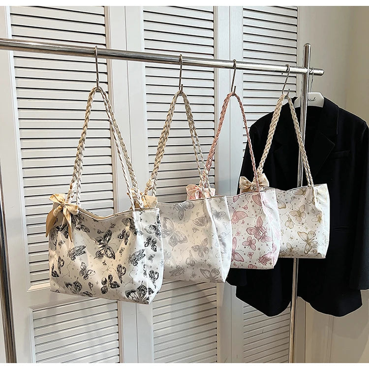 HandBags - Romantic Floral Handbag with Braided Straps - Butterfly Purse