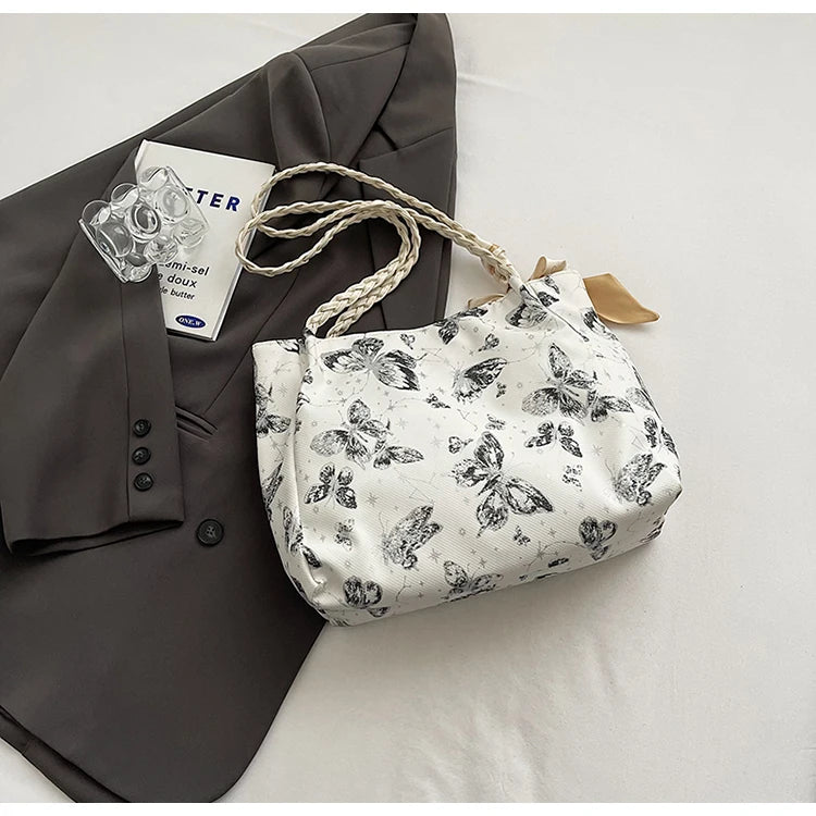 HandBags - Romantic Floral Handbag with Braided Straps - Butterfly Purse