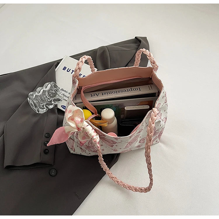 HandBags - Romantic Floral Handbag with Braided Straps - Butterfly Purse