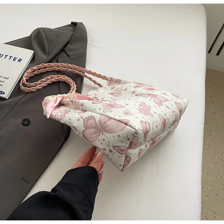 HandBags - Romantic Floral Handbag with Braided Straps - Butterfly Purse