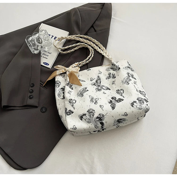 HandBags - Romantic Floral Handbag with Braided Straps - Butterfly Purse