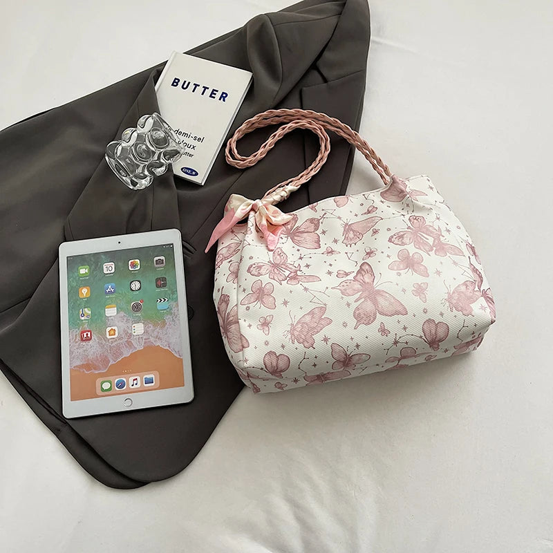 HandBags - Romantic Floral Handbag with Braided Straps - Butterfly Purse