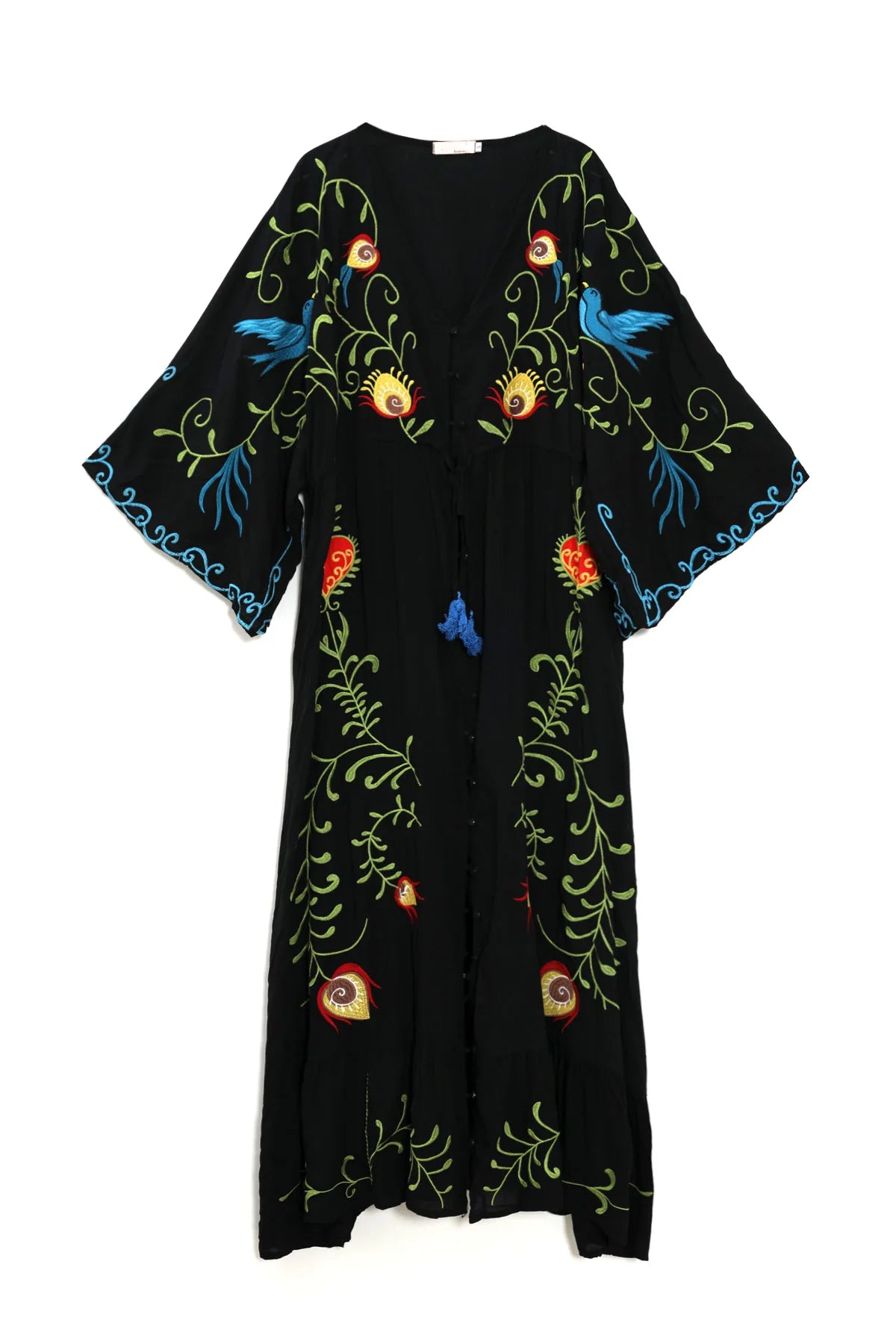 Kaftans - Jastie Embroidered Women Maxi Dress V-Neck Batwing Sleeve Loose Oversize Summer Dresses Drawstring Waist Boho Beach Vestidos
