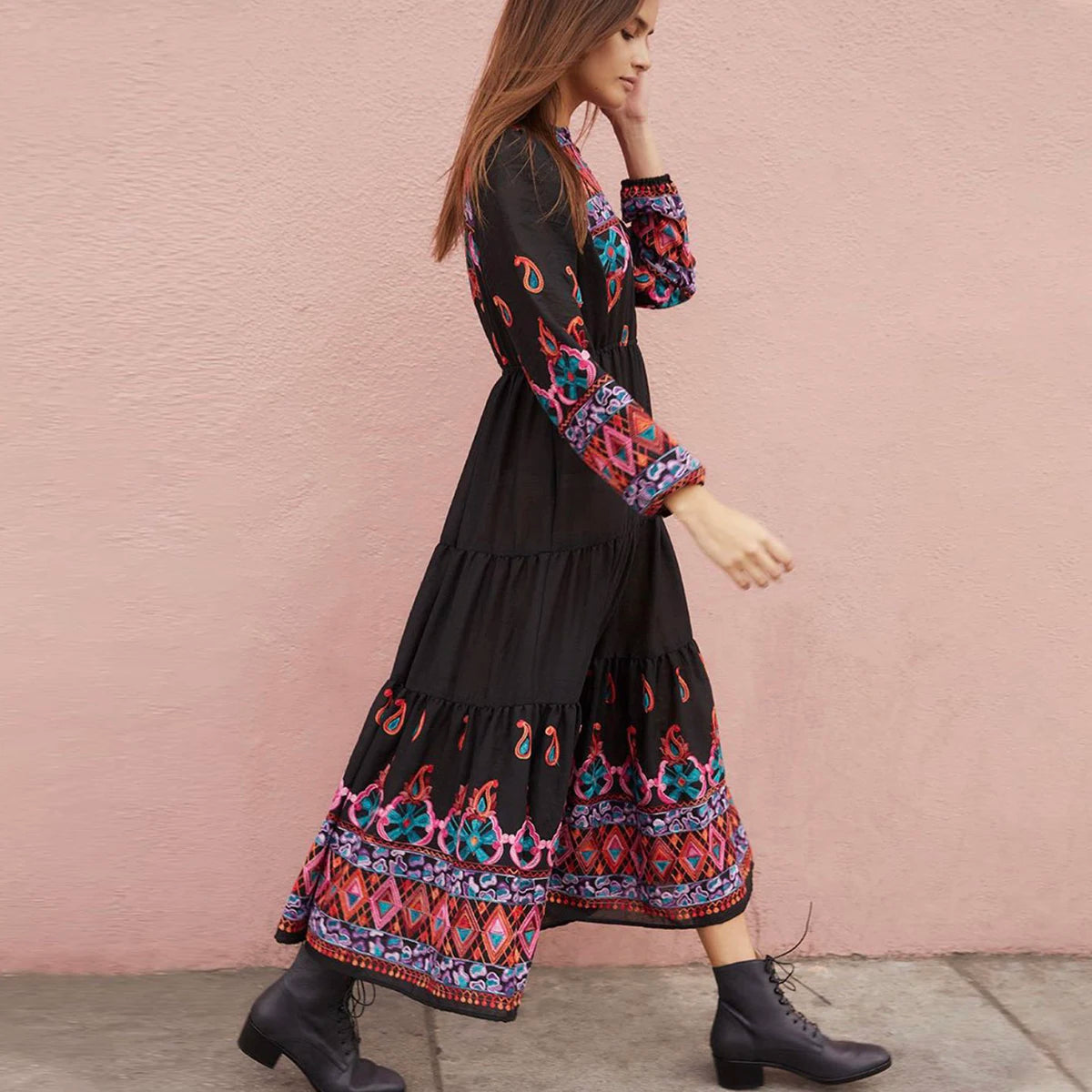 Kaftans - Jastie Embroidered Women Maxi Dress V-Neck Batwing Sleeve Loose Oversize Summer Dresses Drawstring Waist Boho Beach Vestidos