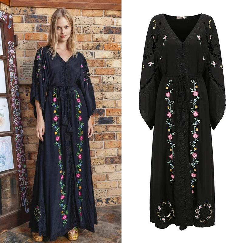 Kaftans - Jastie Embroidered Women Maxi Dress V-Neck Batwing Sleeve Loose Oversize Summer Dresses Drawstring Waist Boho Beach Vestidos