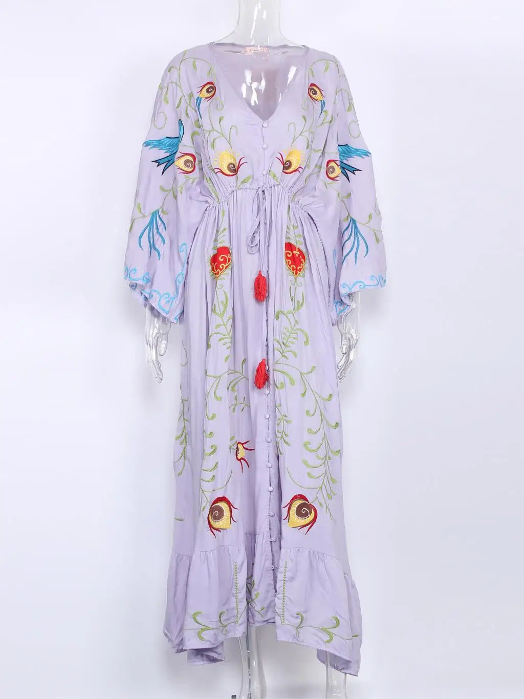 Kaftans - Jastie Embroidered Women Maxi Dress V-Neck Batwing Sleeve Loose Oversize Summer Dresses Drawstring Waist Boho Beach Vestidos