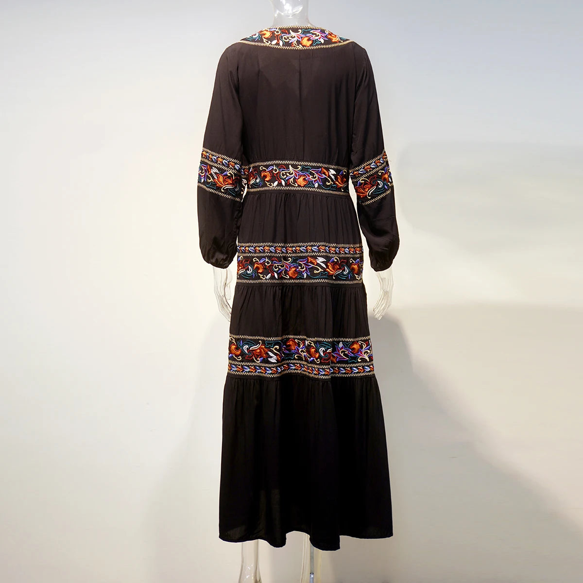 Kaftans - Jastie Embroidered Women Maxi Dress V-Neck Batwing Sleeve Loose Oversize Summer Dresses Drawstring Waist Boho Beach Vestidos