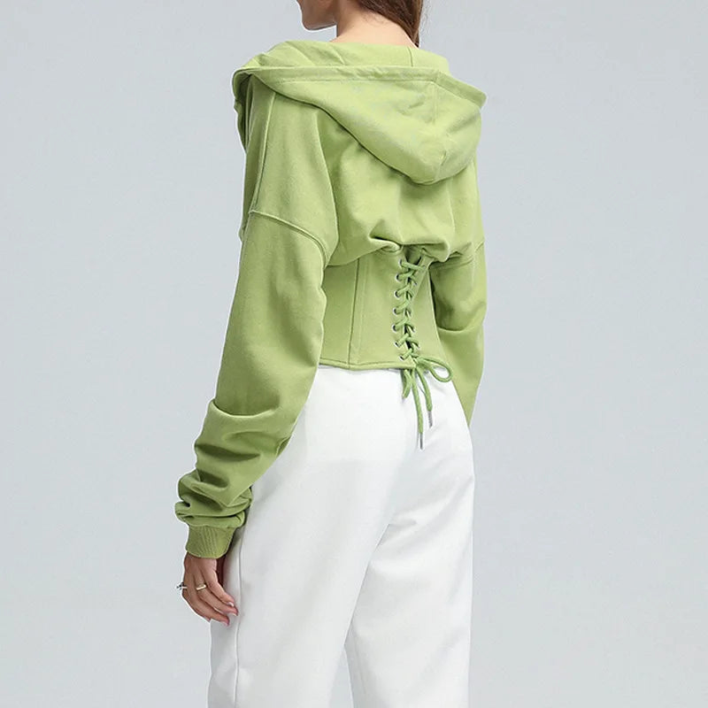 Hoodies - Trendy Green Hoodie with Corset Design for Women