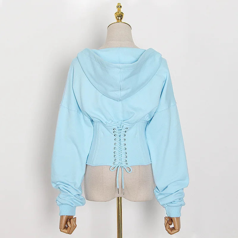 Hoodies - Trendy Green Hoodie with Corset Design for Women