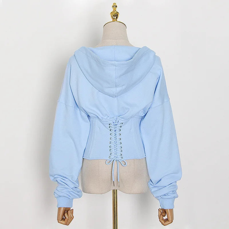 Hoodies - Trendy Green Hoodie with Corset Design for Women