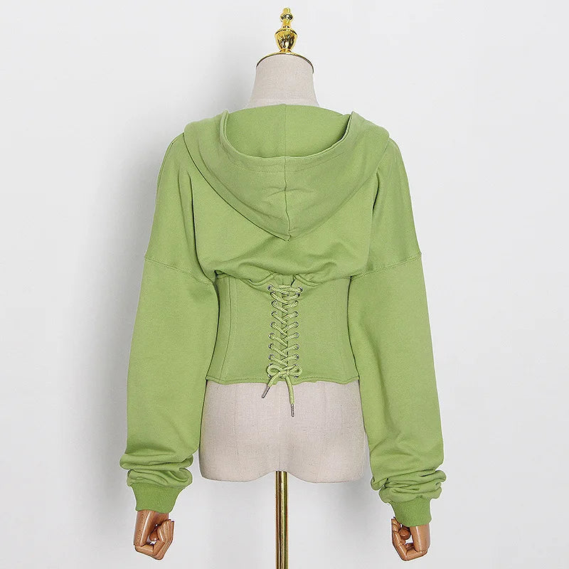Hoodies - Trendy Green Hoodie with Corset Design for Women