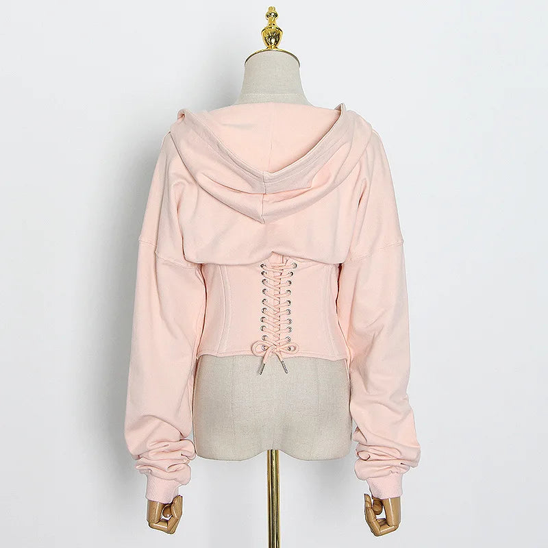 Hoodies - Trendy Green Hoodie with Corset Design for Women