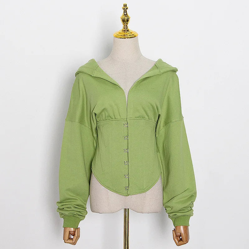 Hoodies - Trendy Green Hoodie with Corset Design for Women