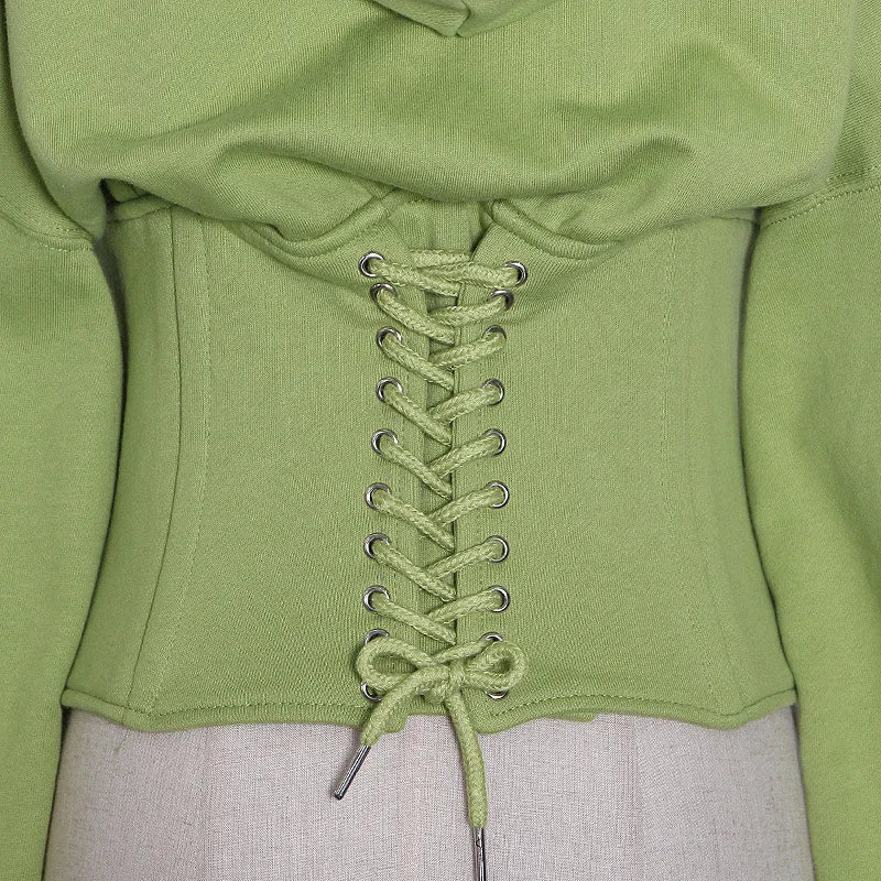 Hoodies - Trendy Green Hoodie with Corset Design for Women