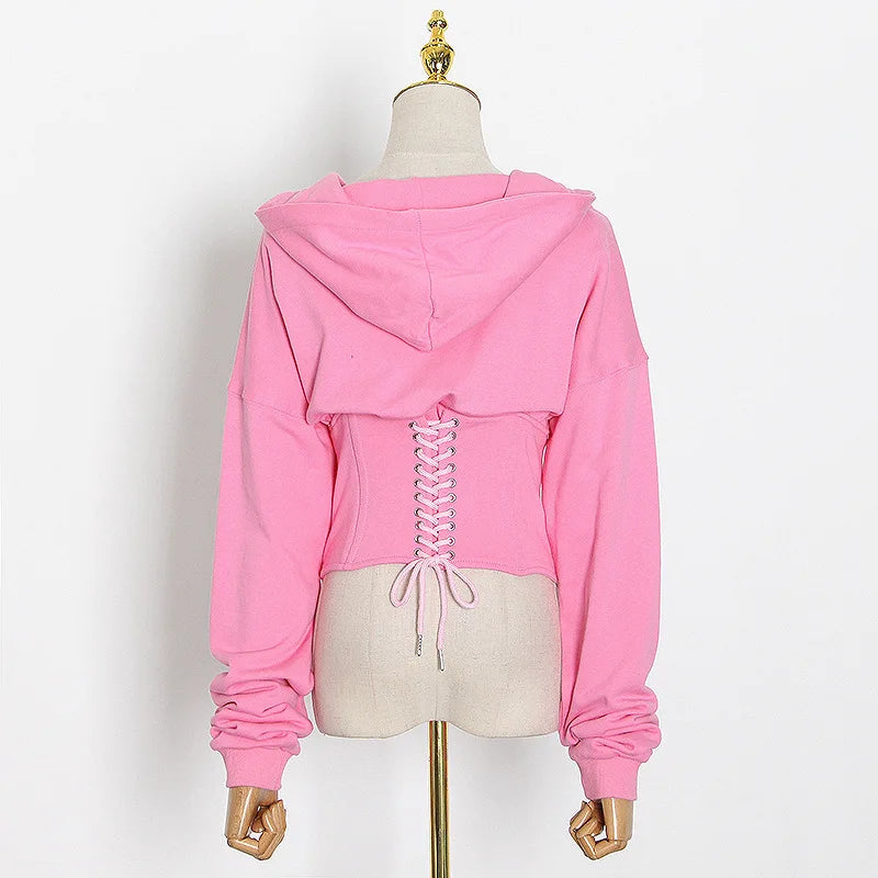 Hoodies - Trendy Green Hoodie with Corset Design for Women